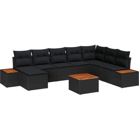 Ensemble de Jardin 11 Pièces avec Coussins - Table Acacia et Chaises Résine Tressée Noire - 6 Chaises Pliantes, 4 Tabourets et 10 Coussins