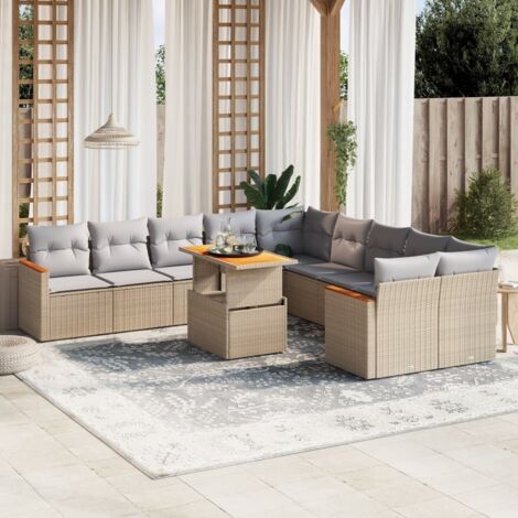 Ensemble de Jardin 11 Pièces en Résine Tressée Beige avec Coussins Gris – Salon d'Extérieur Modulable Table Réglable