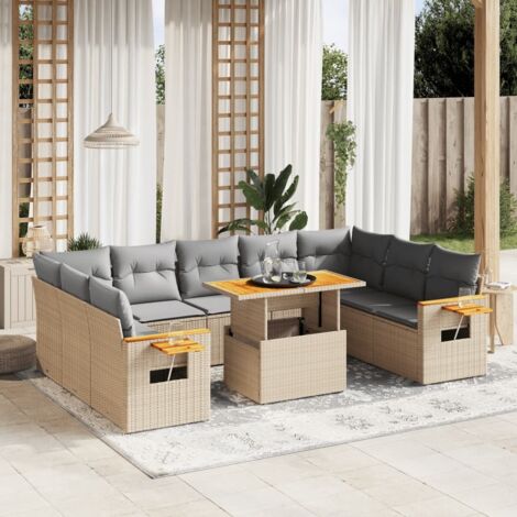 Ensemble de Jardin 11 Pièces en Résine Tressée Beige avec Table Modulable et Coussins Gris