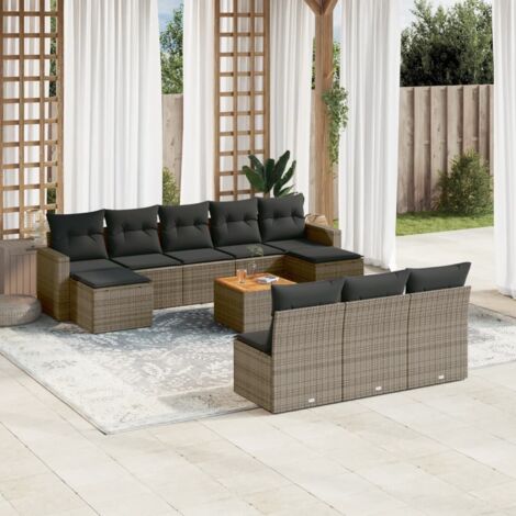 Ensemble de jardin 11 pièces en résine tressée gris avec coussins, table acacia, modulable