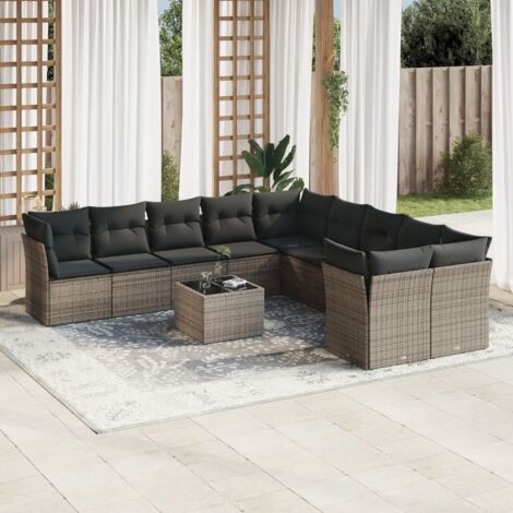 Ensemble de jardin 11 pièces en résine tressée grise avec coussins - Salon d'extérieur complet table et canapés modulables