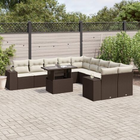 Ensemble de jardin 11 pièces marron résine tressée - Salon complet avec canapés, coussins et table extensible, livraison 2x siège d'angle + 6x central + 2x canapé + 12 coussins.