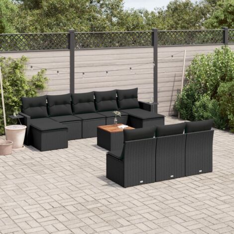 Ensemble de jardin 11 pièces noir résine tressée avec coussins - 6 sièges + 2 canapés + 2 repose-pieds + table acacia - Mobilier extérieur modulaire