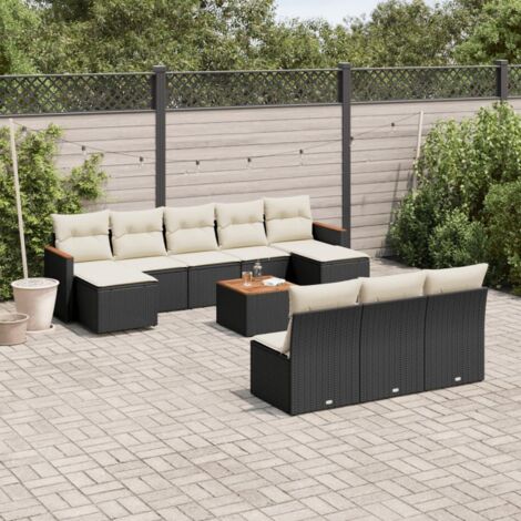 Ensemble de jardin 11 pièces noir résine tressée avec coussins crème - 6 sièges, 2 canapés, 2 repose-pieds, table acacia - Modulaire résistant aux intempéries
