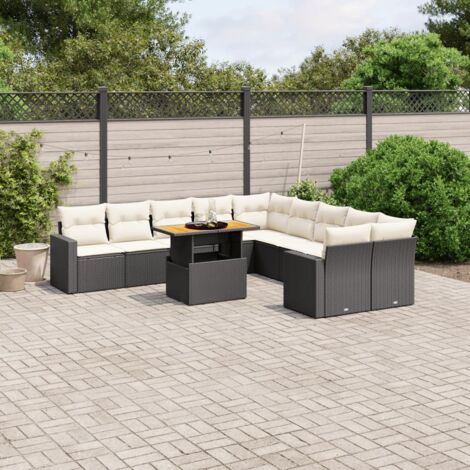 Ensemble de Jardin 11 Pièces Noir Résine Tressée avec Coussins Crème - Salon Extérieur Modulable Table Réglable Acacia