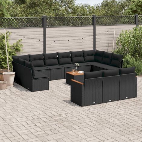 Ensemble de Jardin 11 Pièces Noir Résine Tressée - Table et 10 Fauteuils Coussins Blanc avec Verre Trempé