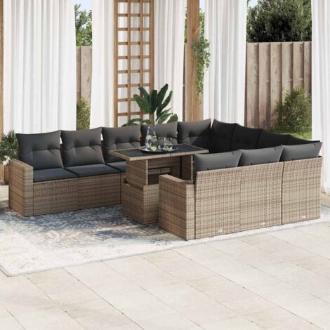 Ensemble de Jardin 11 Pièces Résine Tressée avec Table Rétractable et Coussins Amovibles, Gris