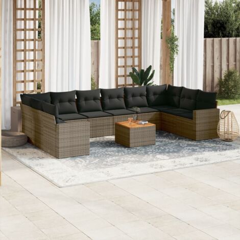 Ensemble de jardin 11 pièces résine tressée gris avec coussins, siège d'angle, central et canapé accoudoirs, table acacia, housse lavable