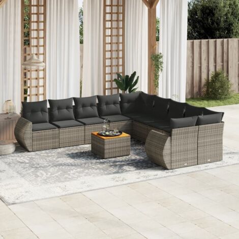 Ensemble de jardin 11 pièces résine tressée gris avec table acacia et coffre intérieur