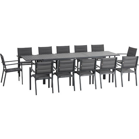 Ensemble de jardin 12 personnes chaises empilables table extensible 200/300L cm alu. textilène gris