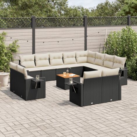 Ensemble de jardin 13 pièces en résine tressée noire avec coussins blanc crème, acacia, rangement intégré, modulaire