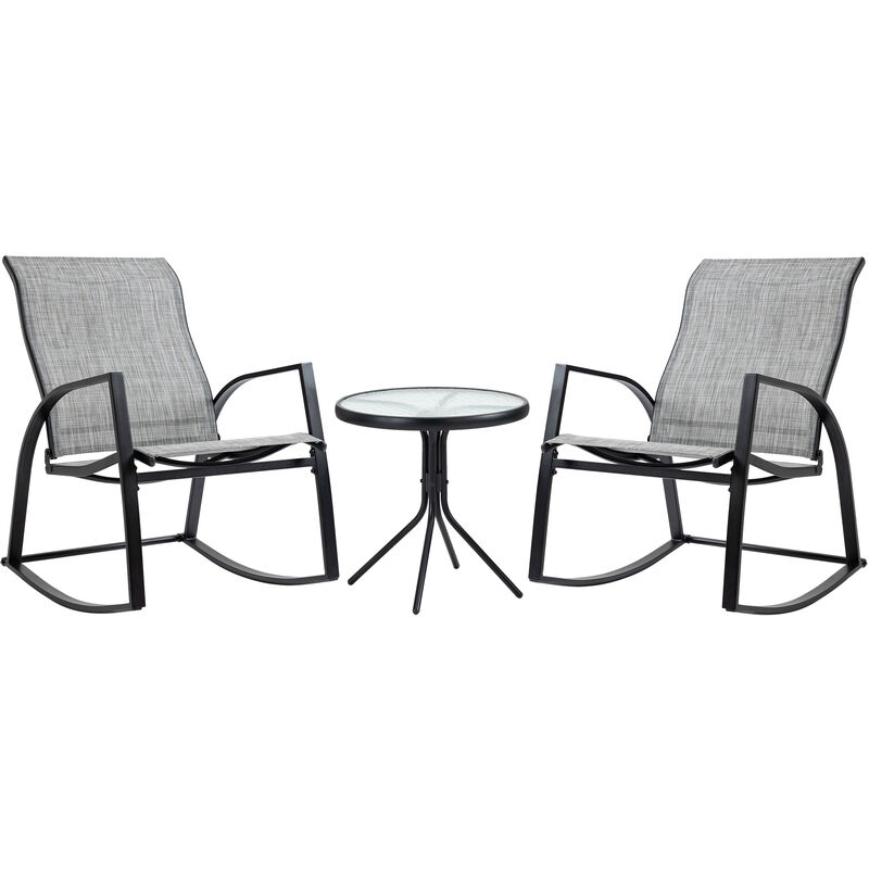 Ensemble de jardin 3 pièces 2 fauteuils à bascule table basse plateau verre trempé acier époxy textilène gris - Gris
