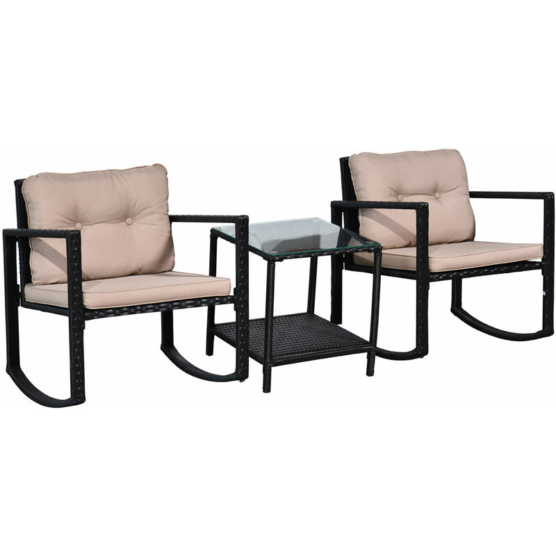 Outsunny - Ensemble de jardin 3 pièces style colonial 2 fauteuils à bascule avec coussins marron table basse étagère métal époxy résine tressée 4