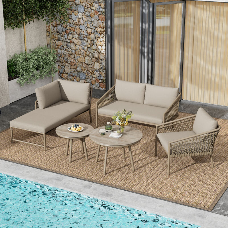Hauss Spole - Ensemble de jardin 3 pièces, 2 canapés + 1 fauteuil simple + 2 tables rondes en verre, avec coussin moelleux, extérieur, métal, taupe