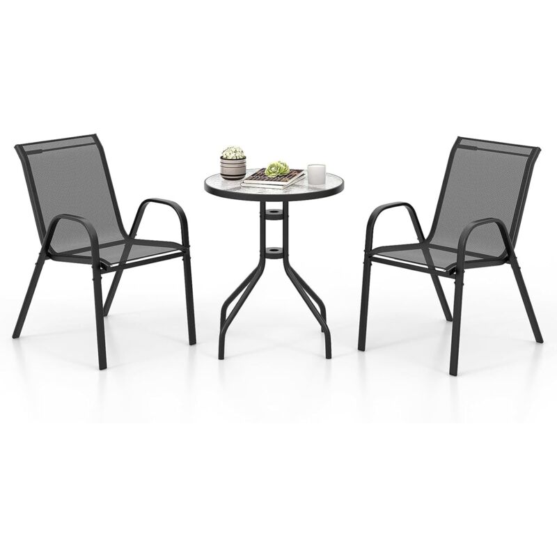 Ensemble de Jardin 3 Pièces, 2 Fauteuils Ergonomiques avec Table Basse en Verre Trempé, pour Jardin, Balcon, Terrasse, Cour, Gris