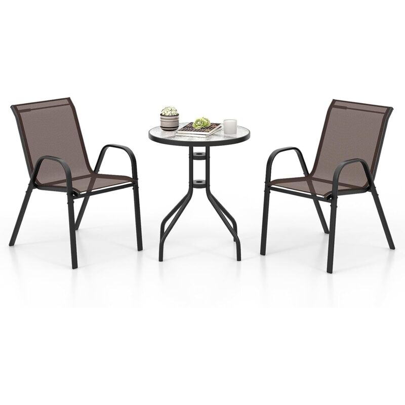 Ensemble de Jardin 3 Pièces, 2 Fauteuils Ergonomiques avec Table Basse en Verre Trempé, pour Jardin, Balcon, Terrasse, Cour, Marron