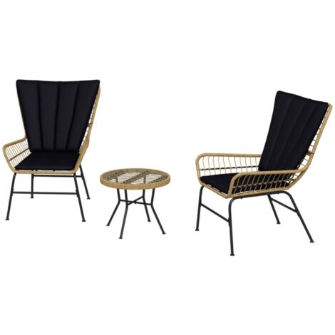 Ensemble de jardin 3 pièces en rotin avec 2 chaises et table (verre trempé) - Coussin inclus - Meubles d'extérieur 78x68x95cm - Noir