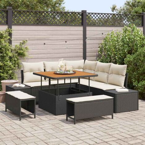 Ensemble de Jardin 3 Pièces Noir avec Coussins – Table Acacia 90x90 cm et Chaises Polyrotin Réglables, Housses Lavables