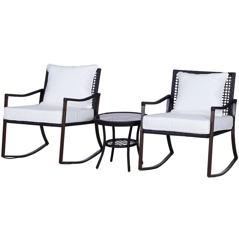 Outsunny - Ensemble de jardin 3 pièces style cosy 2 fauteuils à bascule avec coussins assise dossier + table basse résine tressée brun crème - Marron