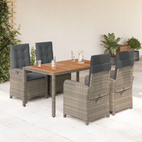 Ensemble de Jardin 4 chaises + 1 table en résine tressée grise, coussins gris foncé, dossier inclinable, plateau verre 150x90cm, 5 pièces complet