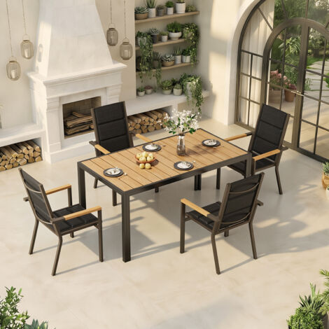 Ensemble de jardin 4 Personnes Aspect Bois, 4+1 Mobilier, 150CM Table de Jardin en Aluminium et 4 Chaises Empilables en Aluminium, Couleur Teck