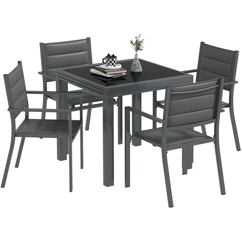 Ensemble de jardin 4 personnes chaises empilables table extensible 80/160L cm alu. teslin antracite - Gris