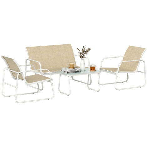 Ensemble de jardin 4 pièces avec canapé, fauteuils, table basse, kaki et blanc