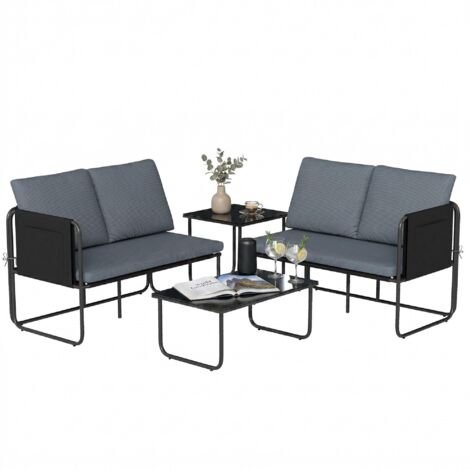 Ensemble de jardin 4 pièces comprenant 2 canapés 2 places, 2 tables en verre, coussins, housses amovibles et poches, gris