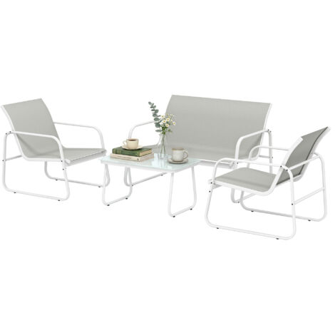 Ensemble de jardin 4 pièces comprenant un canapé 2 places, 2 fauteuils, une table en verre trempé et un revêtement en tissu textilène gris clair.