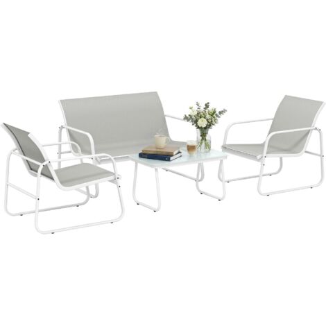 Ensemble de jardin 4 pièces comprenant un canapé 2 places, 2 fauteuils, une table en verre trempé et un revêtement en tissu textilène gris clair.