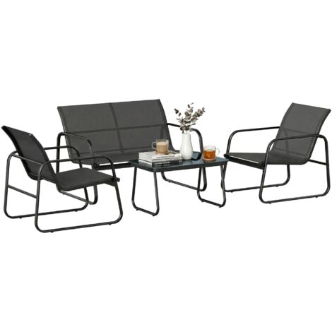 Ensemble de jardin 4 pièces comprenant un canapé 2 places, 2 fauteuils, une table en verre trempé et un revêtement en tissu textilène gris foncé.