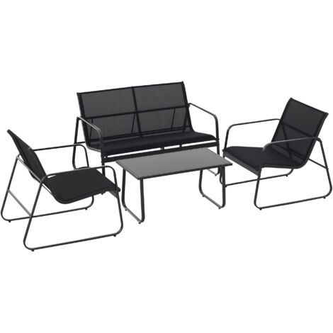 Ensemble de jardin 4 pièces comprenant un canapé d'extérieur 2 places, 2 fauteuils et une table basse en verre trempé, mobilier de terrasse en métal et textilène, noir.