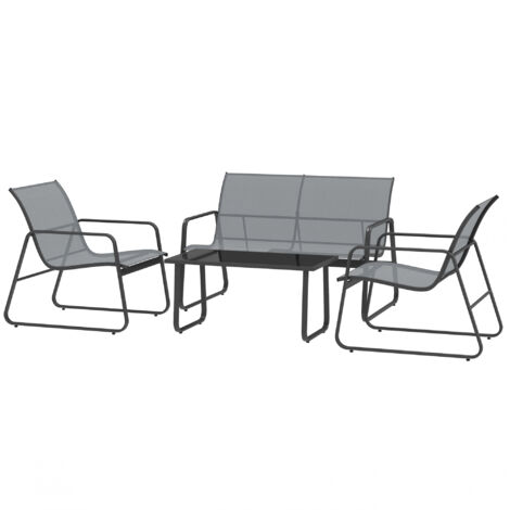 Ensemble de jardin 4 pièces comprenant une table basse, un banc 2 places et 2 chaises, en métal et textilène gris clair.