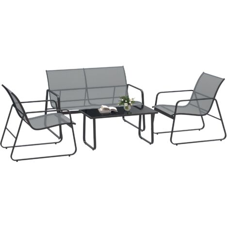 Ensemble de jardin 4 pièces comprenant une table basse, un banc 2 places et 2 chaises, en métal et textilène gris clair.