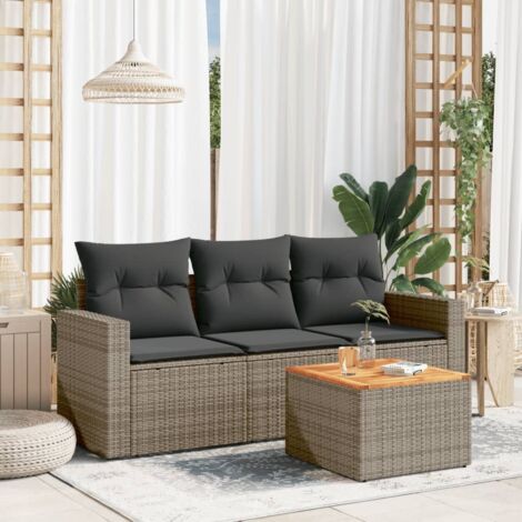 Ensemble de jardin 4 pièces en résine tressée grise avec coussins, canapés et table bois d'acacia