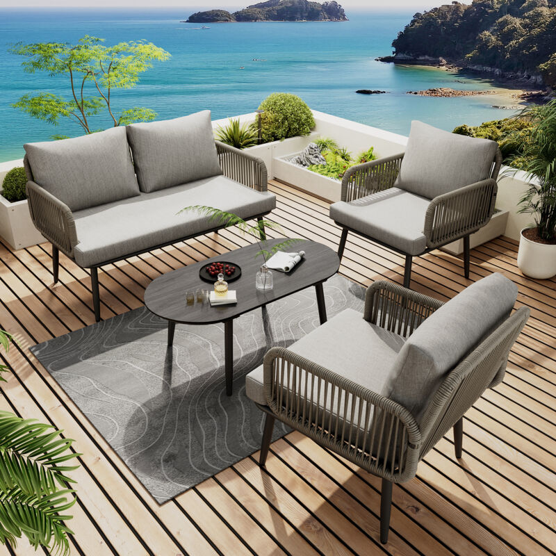 Ensemble de jardin 4 places, canapé droit, 2 fauteuils, tables basses fixes avec coussins, rotin, métal et verre, gris