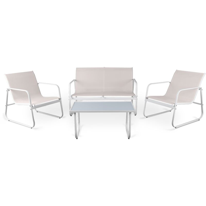 Ensemble de jardin 4 places capri sand, table basse d'extérieur + canapé 2 places + 2 fauteuils, blanc, résistant aux uv