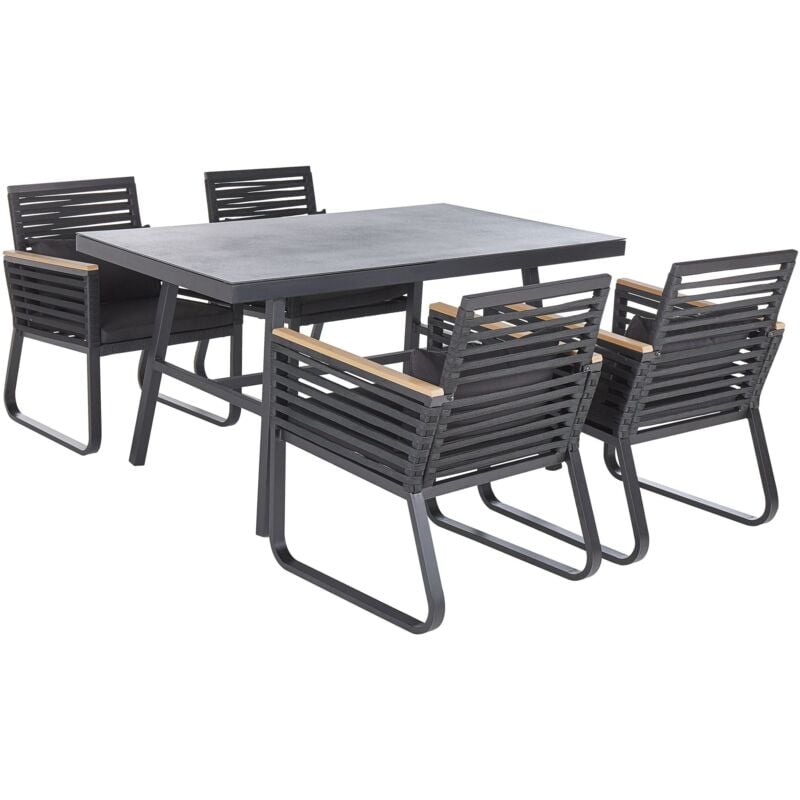 Salon de Jardin Noir Table 150 x 90 cm et de 4 Chaises en Aluminum et Polyester avec Coussins d'Assise Inclus Coin Repas Extérieur Beliani