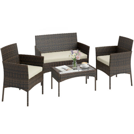 Ensemble de jardin 4 places en résine tressée beige, avec canapés et table basse verre trempé, coussins inclus, salon extérieur confortable pour terrasse.