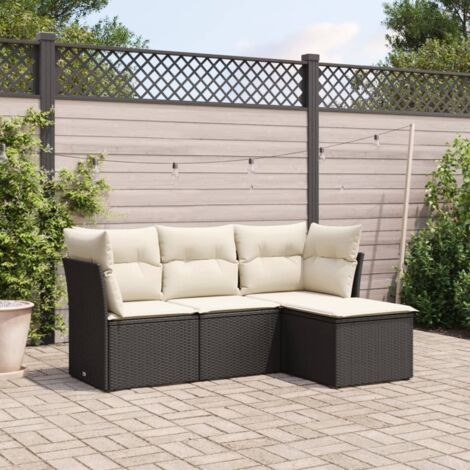 Ensemble de Jardin 4 Places en Résine Tressée Noire avec Coussins Crème - 2 Fauteuils d'Angle + 1 Siège Central + 1 Pouf Rangement Modulable
