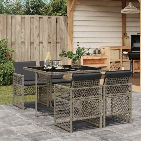 Ensemble de Jardin 5 Pièces avec 4 Coussins Gris  Résine Tressée, Dessus en Verre Trempé, Chaises Rabattables  Table 110x106x73 cm