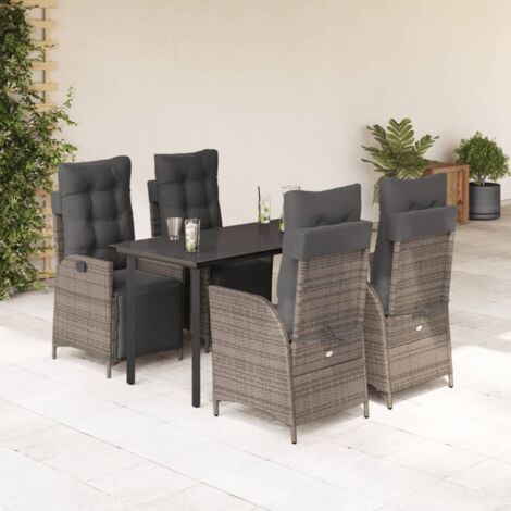 Ensemble de Jardin 5 Pièces avec Coussins Gris  Résine Tressée, Table Verre 140x70cm et 4 Chaises Inclinables