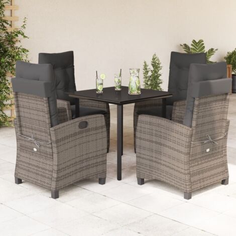 Ensemble de Jardin 5 Pièces avec Coussins Gris  Table en Verre Trempé 80x80 cm  Chaises en Résine Tressée Inclinables  Mobilier Extérieur Durable