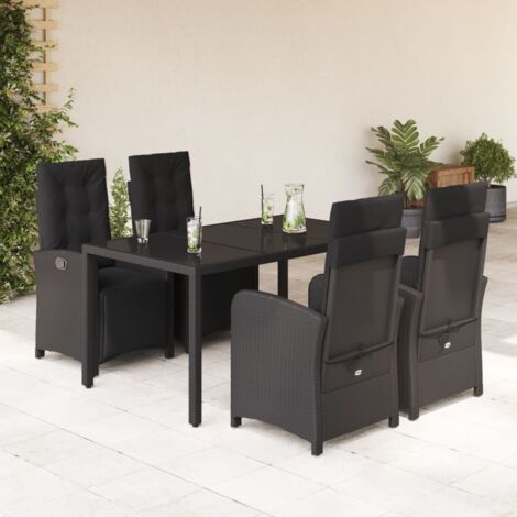 Ensemble de Jardin 5 pièces avec Coussins - Table 150x90 cm, Chaises Inclinables Noir en Résine Tressée et Verre Trempé