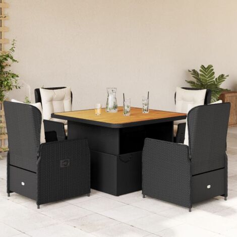 Ensemble de jardin 5 pièces avec coussins - Table extensible en rotin synthétique noir et chaises inclinables, tissu lavable et bois d'acacia