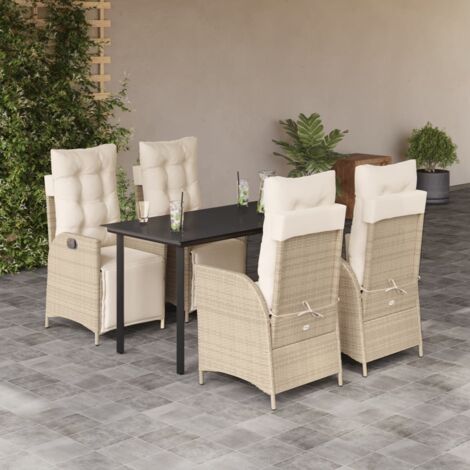 Ensemble de Jardin 5 Pièces avec Coussins – Table Noire Verre Trempé et Chaises Beige Polyrotin inclinables