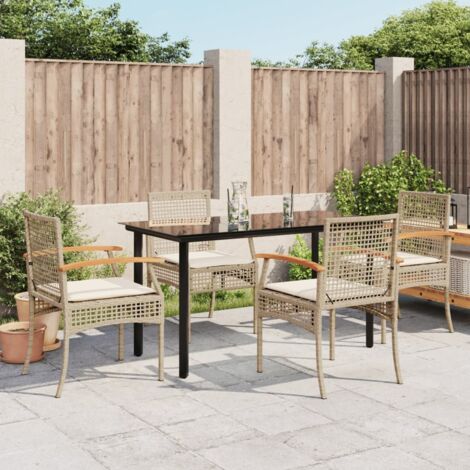 Ensemble de Jardin 5 Pièces avec Table en Verre et Chaises Poly-Rotin Beige, Coussins Inclus