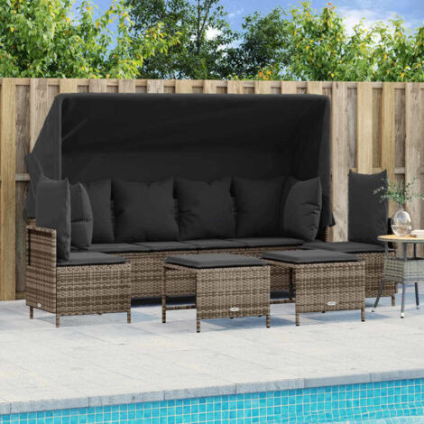 Ensemble de Jardin 5 Pièces en Résine Tressée Gris avec Canapé 4 Places, Auvent Rétractable, Coussins et Poufs, Dossier et Repose-Pieds Réglables