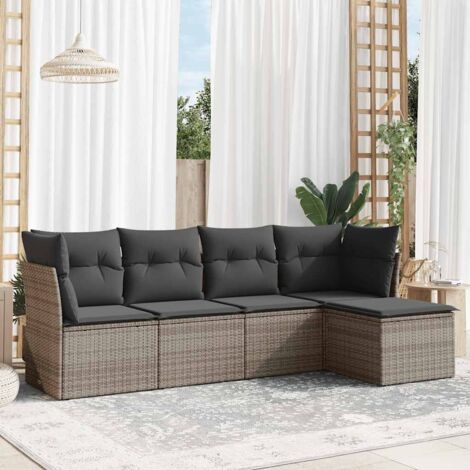 Ensemble de Jardin 5 Pièces en Résine Tressée Gris avec Coussins Détachables, Salon d'Extérieur Modulaire avec 2 Fauteuils d'Angle, 2 Sièges Centraux et 1 Table Basse
