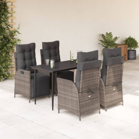 Ensemble de Jardin 5 Pièces en Résine Tressée Gris avec Coussins, Table Verre Trempé 140x70cm, 4 Fauteuils Inclinables, Charge 110kg